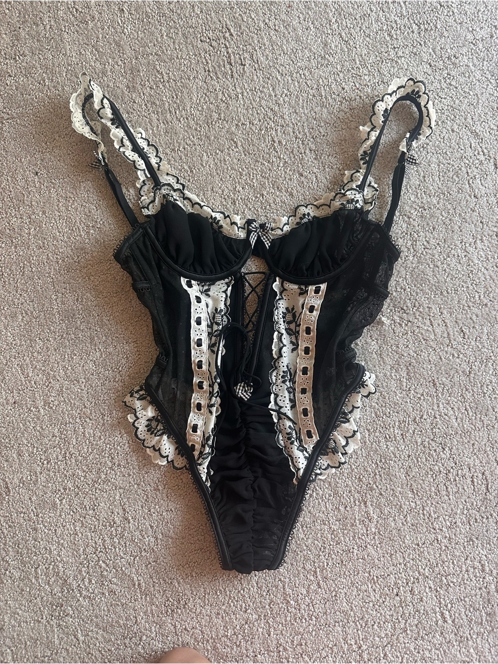 For Love And Lemons Black and White Lace-Trim Corset Teddy